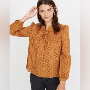 Madewell Eyelet Double-Tie Peasant 100% Cotton Top | Carrot Cake / Burnt Orange